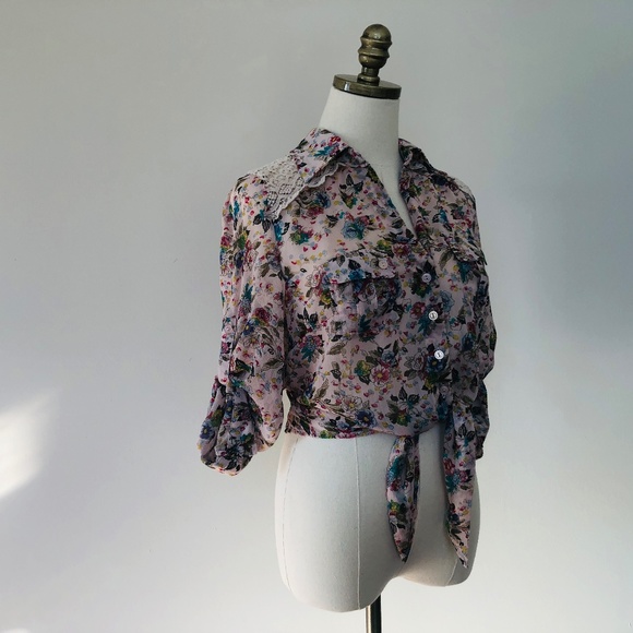 Blouse Sheer Pink Floral AMERICAN RAG Roll Up Sleeves Large - Picture 5 of 9